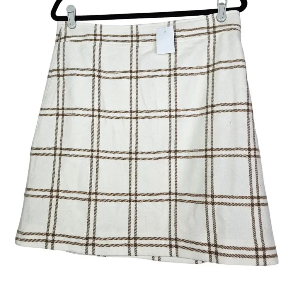 NEW J.Crew 10 Ivory Brown Windowpane Check Plaid Wool A Line Skirt Classic